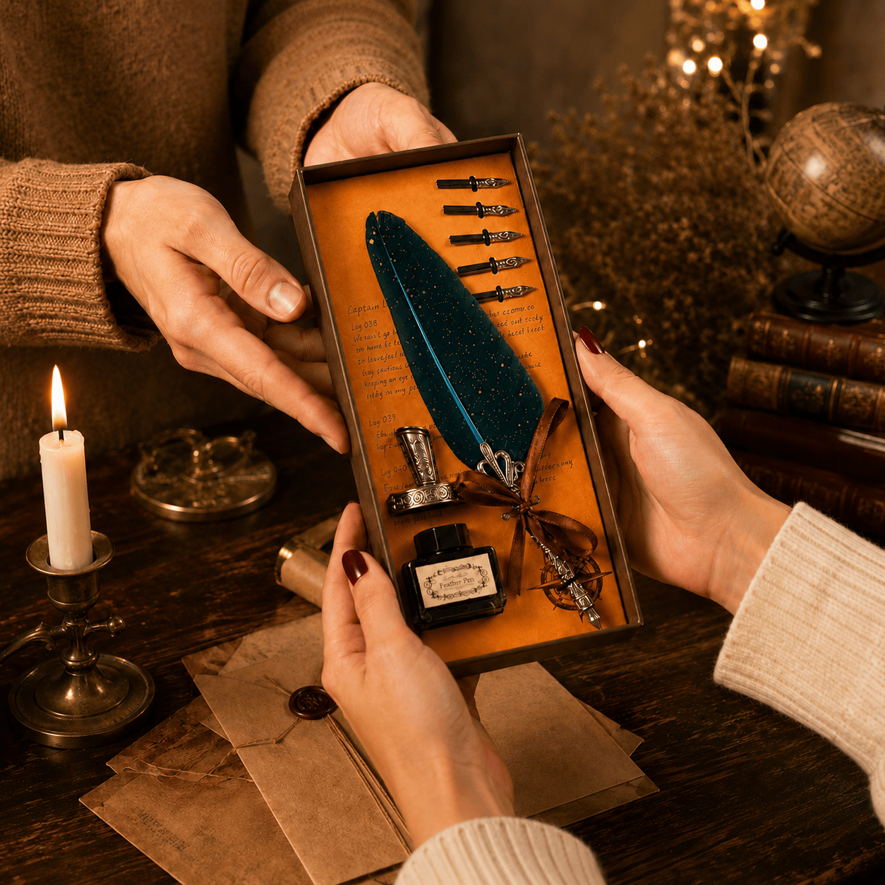 JurnaleVintage Set caligrafie Set Stilou cu Pana Albastra si Calimara - Eleganta Clasica pentru Scris Creativ