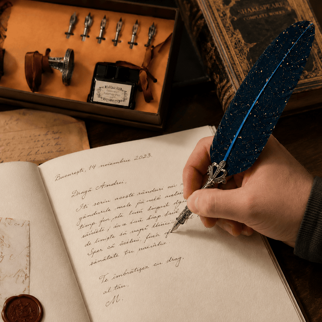 JurnaleVintage Set caligrafie Set Stilou cu Pana Albastra si Calimara - Eleganta Clasica pentru Scris Creativ