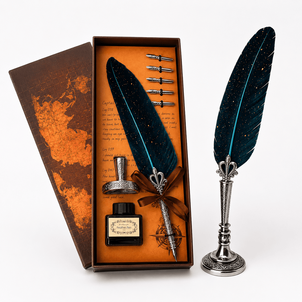 JurnaleVintage Set caligrafie Set Stilou cu Pana Albastra si Calimara - Eleganta Clasica pentru Scris Creativ