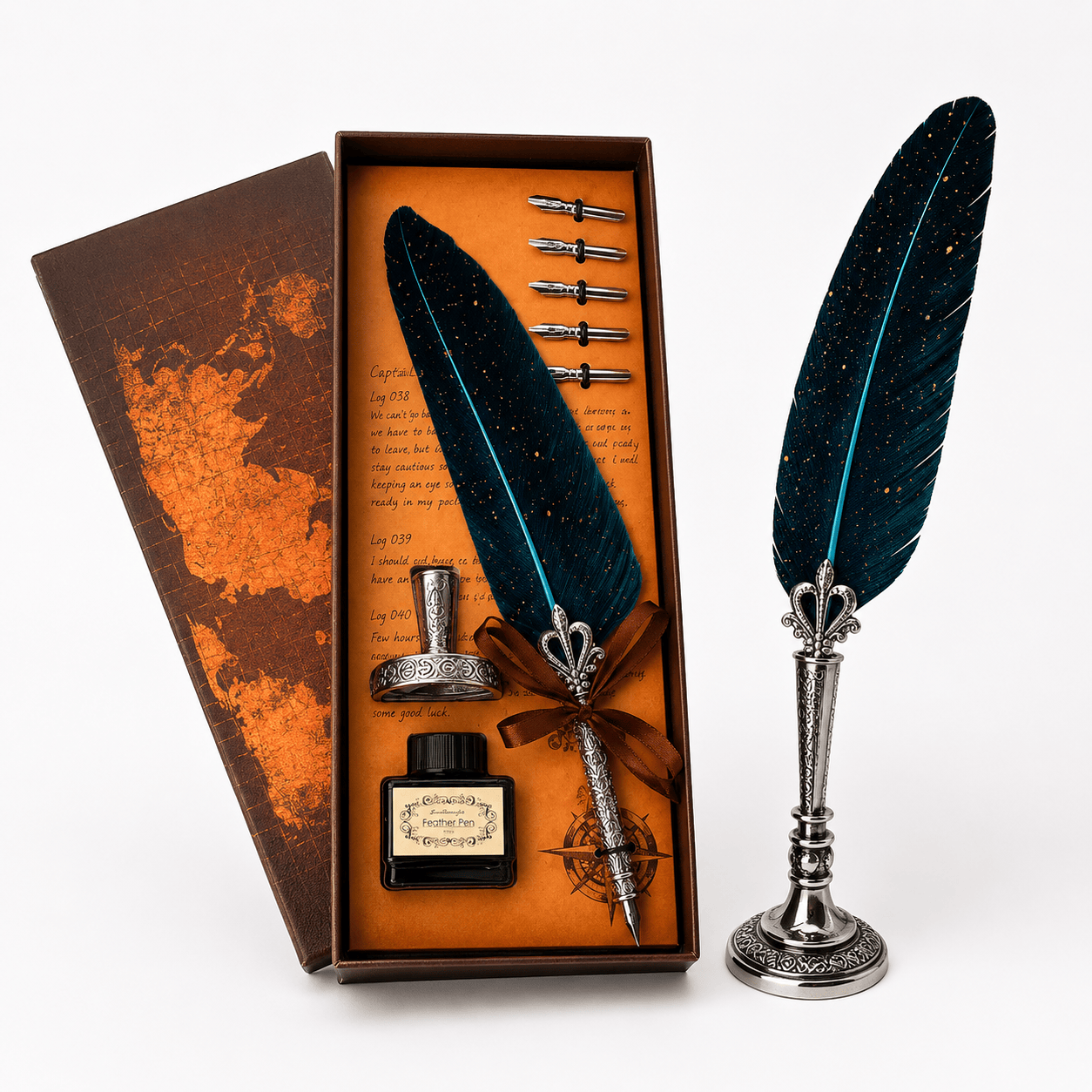 JurnaleVintage Set caligrafie Set Stilou cu Pana Albastra si Calimara - Eleganta Clasica pentru Scris Creativ