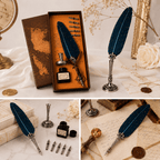 JurnaleVintage Set caligrafie Set Stilou cu Pana Albastra si Calimara - Eleganta Clasica pentru Scris Creativ