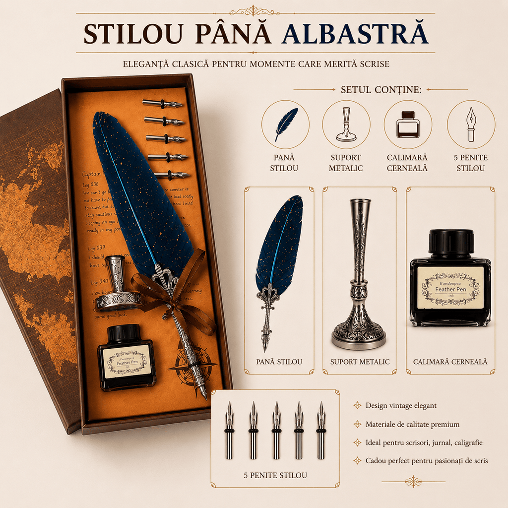 JurnaleVintage Set caligrafie Set Stilou cu Pana Albastra si Calimara - Eleganta Clasica pentru Scris Creativ