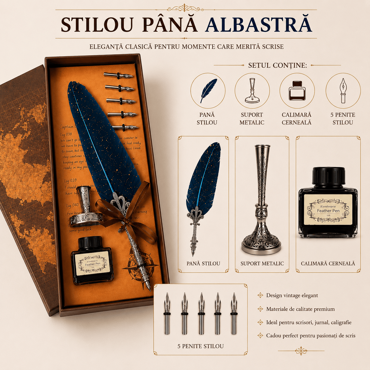 JurnaleVintage Set caligrafie Set Stilou cu Pana Albastra si Calimara - Eleganta Clasica pentru Scris Creativ