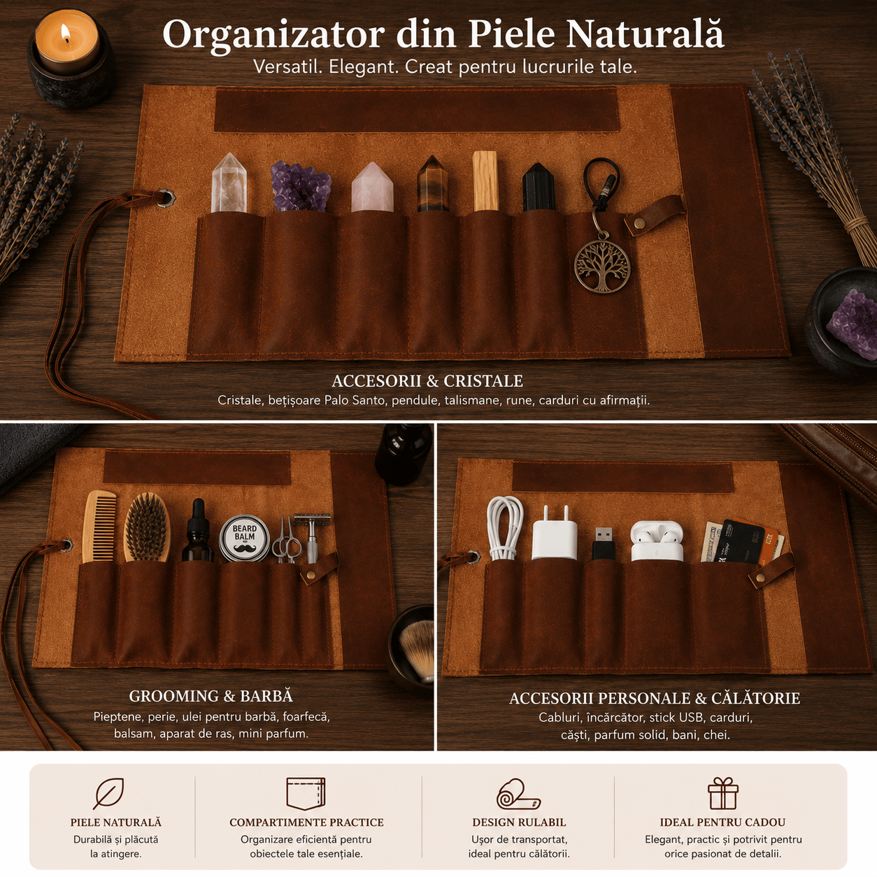 CraftMystic Organizator Organizator Multifunctional din Piele Naturala - Eleganta, Ordine si Protectie pentru Accesoriile Tale