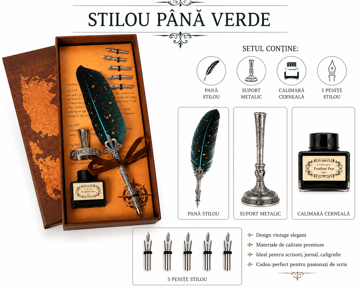 CraftMystic Set caligrafie Set Stilou Pana Verde Vintage - Eleganta si Creativitate pentru Scris Artistic
