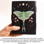 JurnaleVintage Jurnal 18x13 cm / Bumbac galben Jurnal din piele naturala cu incuietoare epoca, fazele lunii si fluture - Magie si creativitate
