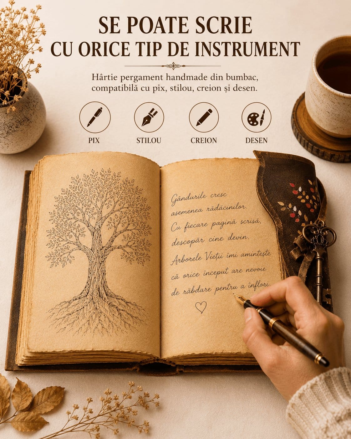 JurnaleVintage Jurnal 18x13 cm / Bumbac galben Jurnal Vintage cu Arborele Vietii, inchidere cu cheie si hartie de pergament- Protecție și Creștere