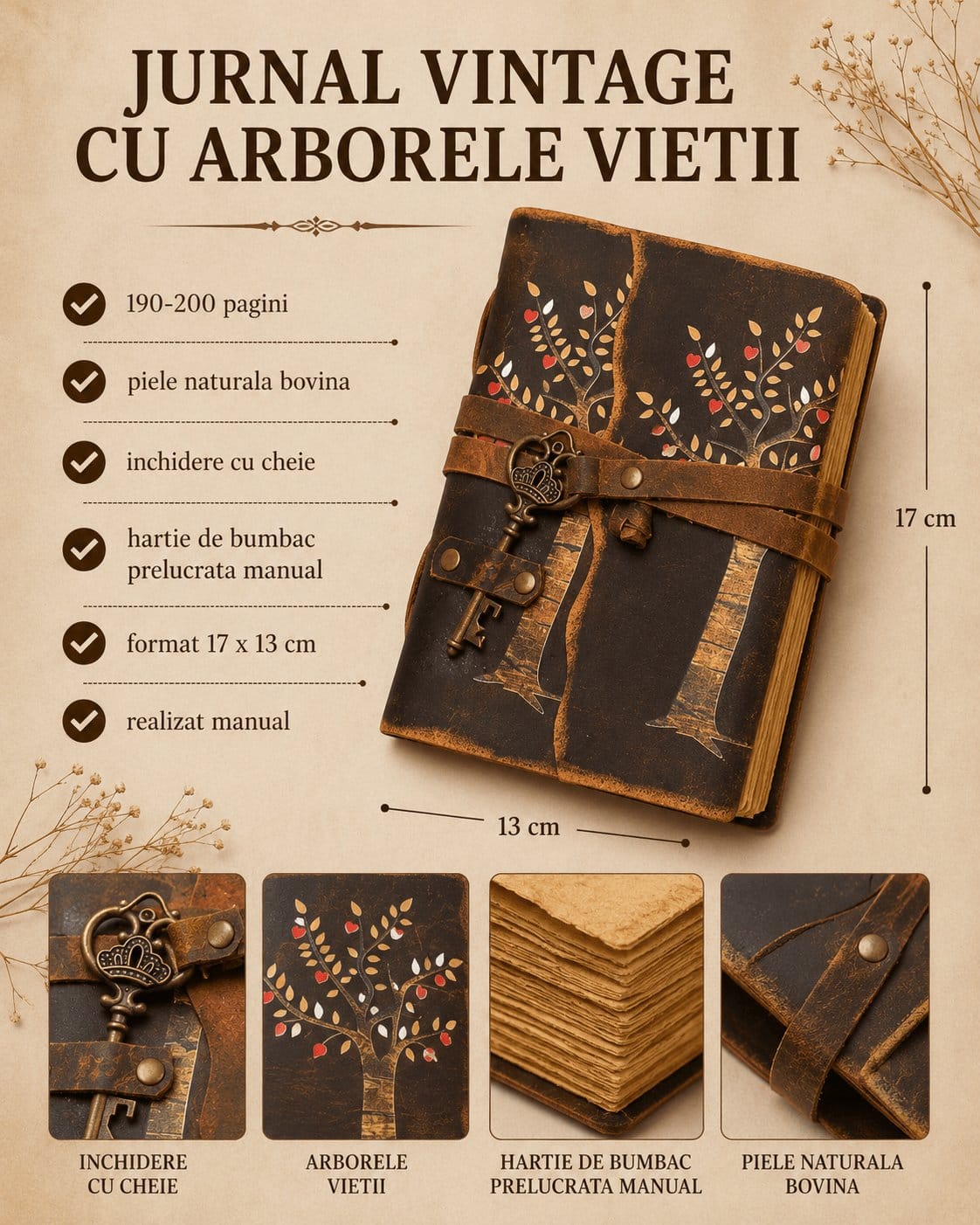 JurnaleVintage Jurnal 18x13 cm / Bumbac galben Jurnal Vintage cu Arborele Vietii, inchidere cu cheie si hartie de pergament- Protecție și Creștere