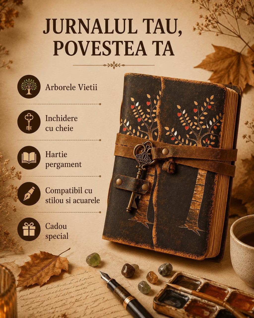 JurnaleVintage Jurnal 18x13 cm / Bumbac galben Jurnal Vintage cu Arborele Vietii, inchidere cu cheie si hartie de pergament- Protecție și Creștere