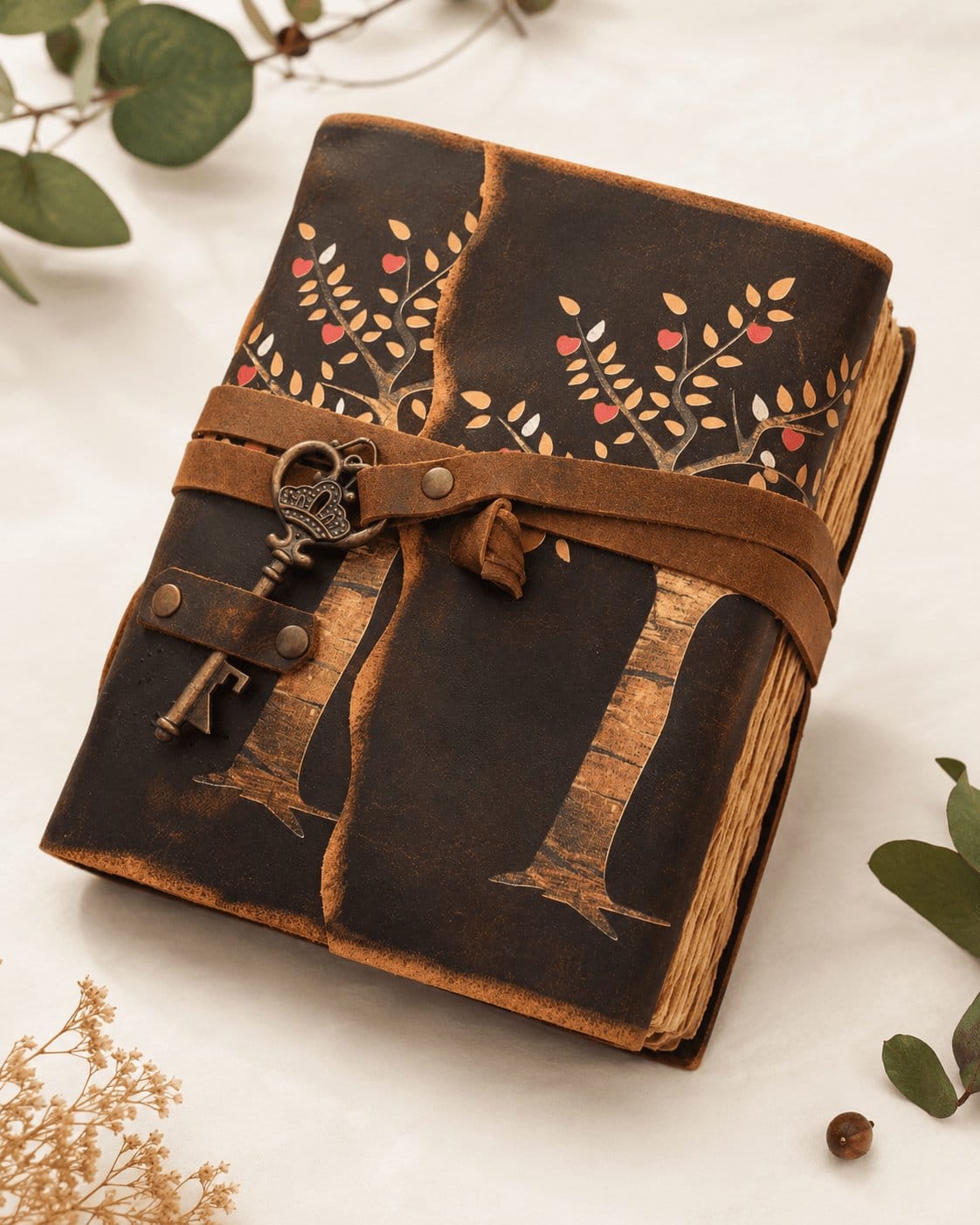 JurnaleVintage Jurnal 18x13 cm / Bumbac galben Jurnal Vintage cu Arborele Vietii, inchidere cu cheie si hartie de pergament- Protecție și Creștere