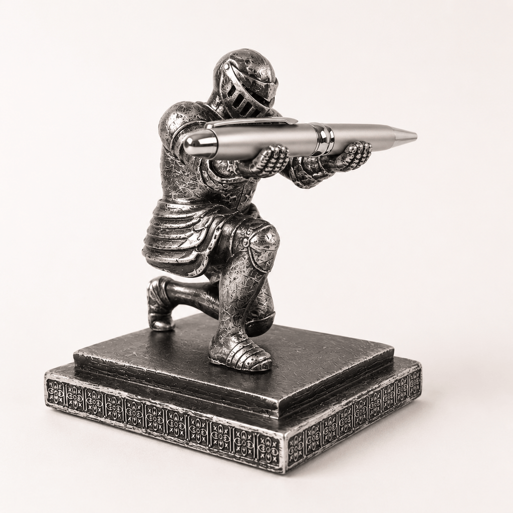 CraftMystic Organizator birou Suport cu Pix / Stilou Cavaler Medieval din Rasina - Organizare Eleganta si Inspiratie pentru Birou