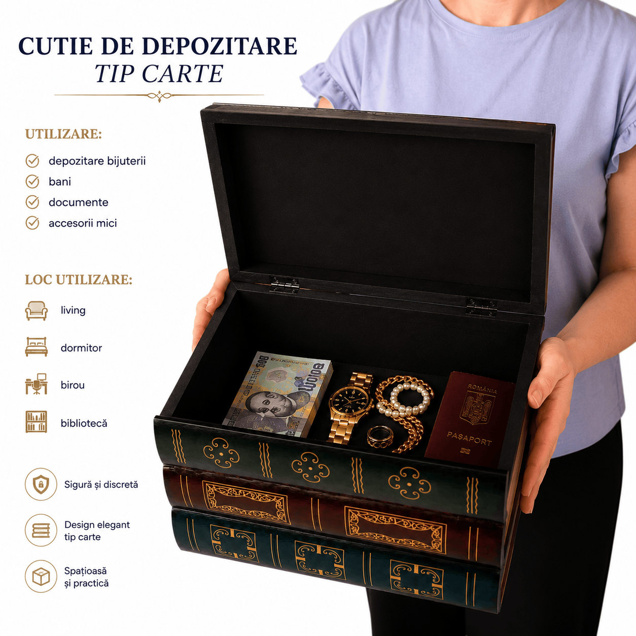CraftMystic Cutie depozitare Cutie de Depozitare Tip Carte Vintage din Lemn - Eleganță și Organizare Discretă