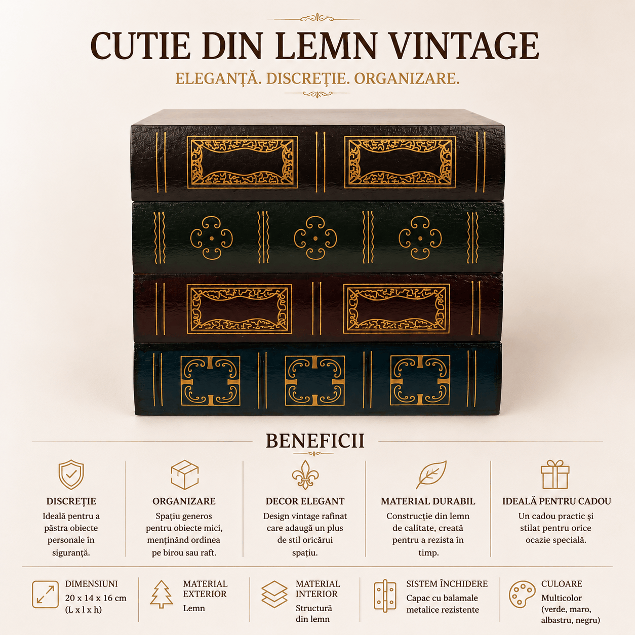 CraftMystic Cutie depozitare Cutie de Depozitare Tip Carte Vintage din Lemn - Eleganță și Organizare Discretă