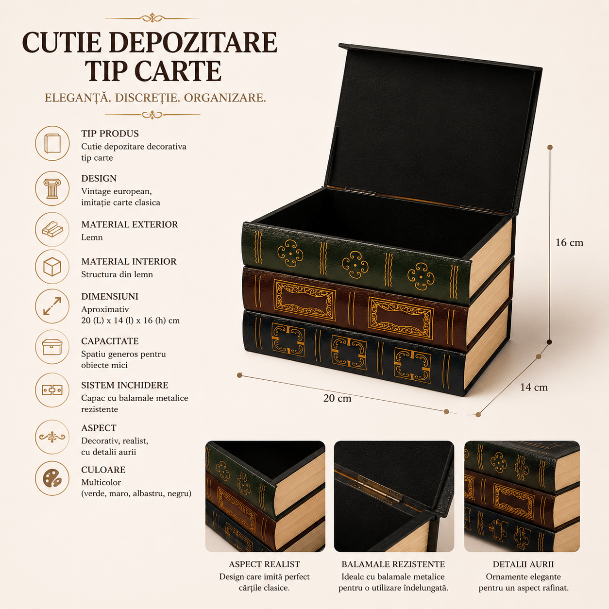 CraftMystic Cutie depozitare Cutie de Depozitare Tip Carte Vintage din Lemn - Eleganță și Organizare Discretă